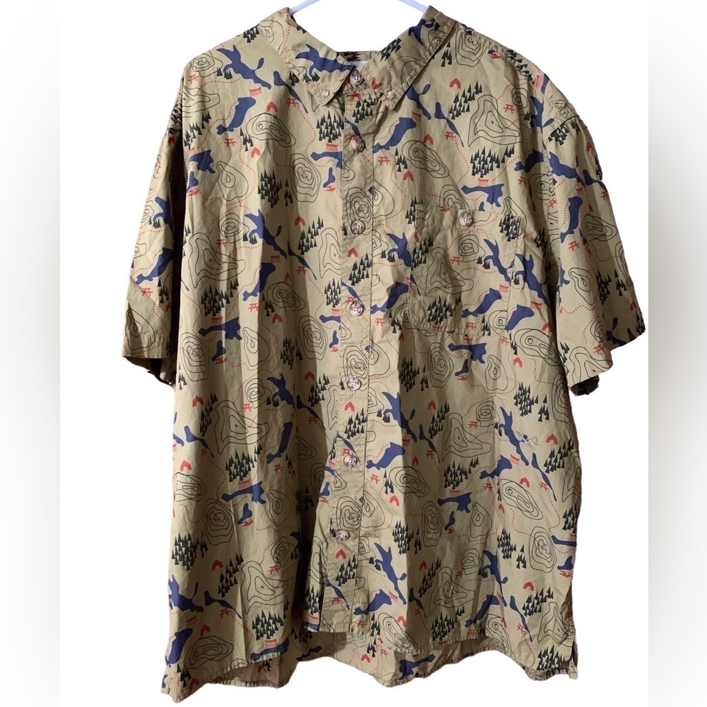 Duluth Trading Untucked Button Down‎ Happy Camper Shirt 2XL Green Outdoor 38922